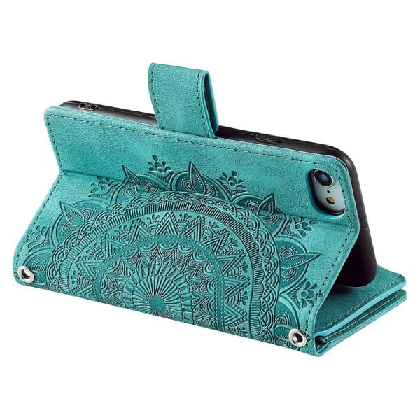 Stil 006 Plånboksfodral för iPhone 16e PU Läder Telefonskal Mandala Blommönster [DB] Multicolor Mint Green