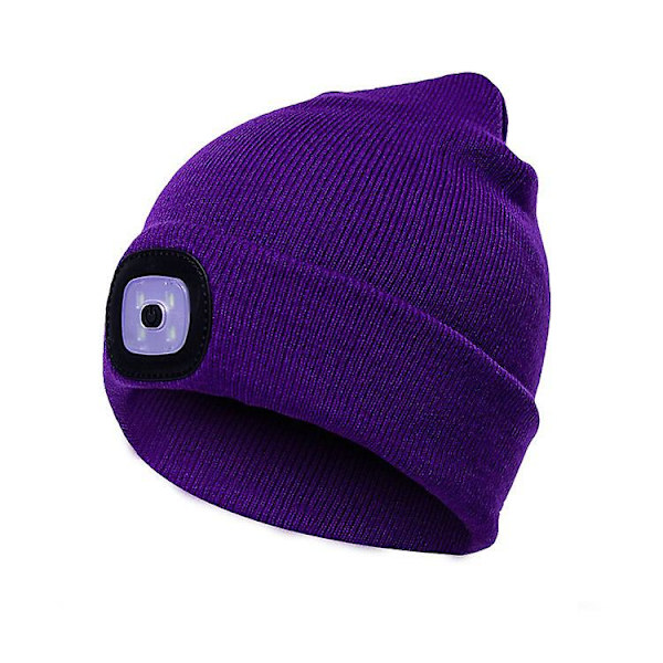 Pipo Hattu Valolla ja Punaisella Varoitusvalolla, USB-Latautuva LED-Valoinen Pipo, Kädet Vapaat Päälampun Hattu, 1kpl purple