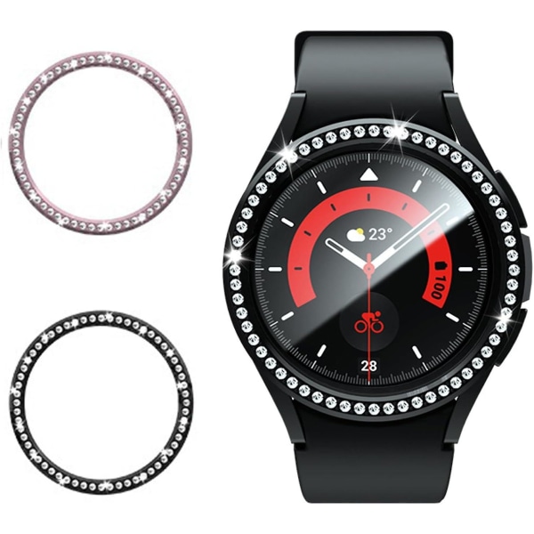 2 stk Bezel-tilbehør for Samsung Galaxy Watch 6 43 mm Bezel, Diamond Pc Bezel Ring selvklebende deksel Anti-ripebeskyttelse Deksel Dekor [DB] Black-Pink For Galaxy Watch 6 43mm