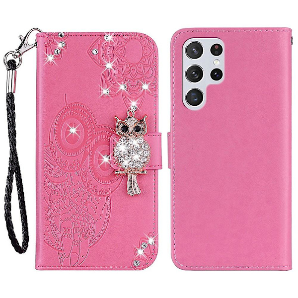 Til Samsung Galaxy S24 Ultra Wallet Case Ugle Blomst Trykt Rhinestone Læder Cover - Rød {db} Pink Samsung Galaxy S24 Ultra