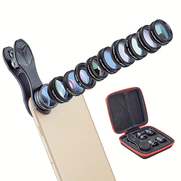 Apexel 10-i-1 Telefonkameraobjektivkit Vidvinkel/Makro/Fisheye/Teleobjektiv/CPL/Flow/Radial/Stjärnfilter/Kalejdoskoplins [DB] Black