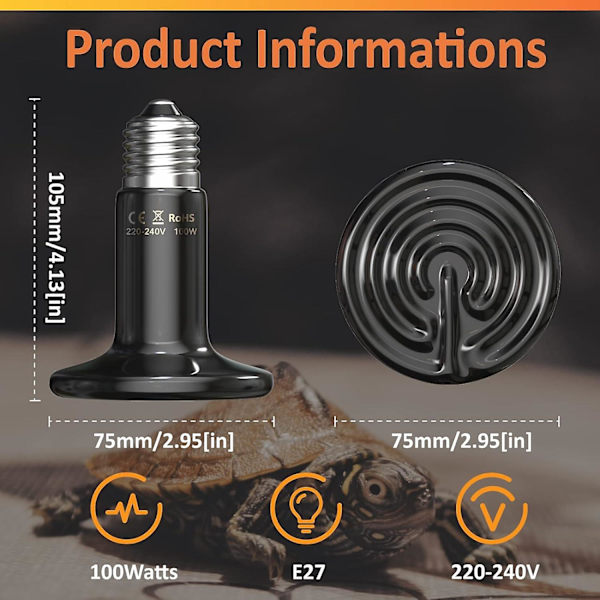 100w Terrarium Reptil Varmepære, Keramisk Varmeafgiver, Intet Lys E27 Sort Keramisk Varmelampe Kæledyr Keramisk Varmepære, 2 Pakke