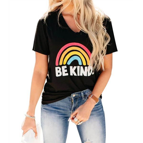 Womens T Shirts Round Neck Short Sleeve Summer Tops Cute Rainbow Graphic T Shirt(Black,M)