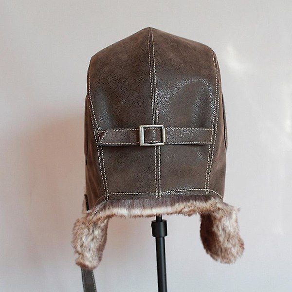 Vinter Ushanka-lue for menn og kvinner - Pilot, flyger, bomber, trapper-lue i kunstig pels og skinn, snølue med øreflapper {DB} L 58-60 cm Black