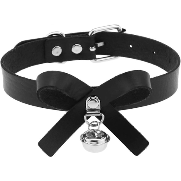 Svart Läder Fluga Halsband med Bjällra, Justerbart PU Halsband med Kedja Koppelsats [DB]