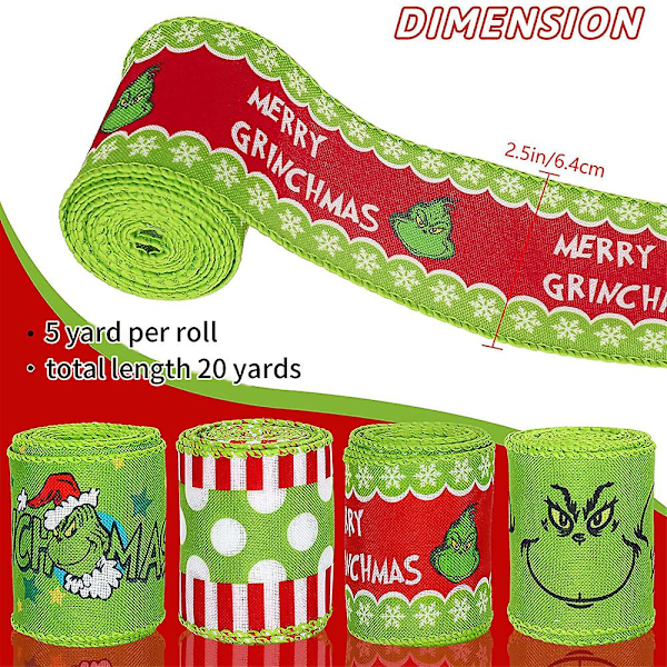 Grinch Julebånd - 4,5 m 2,5 tommer Julegave Grinchs Innpakningsbånd, Pynt til Juletre Krans Sløyfer BD Set of 4
