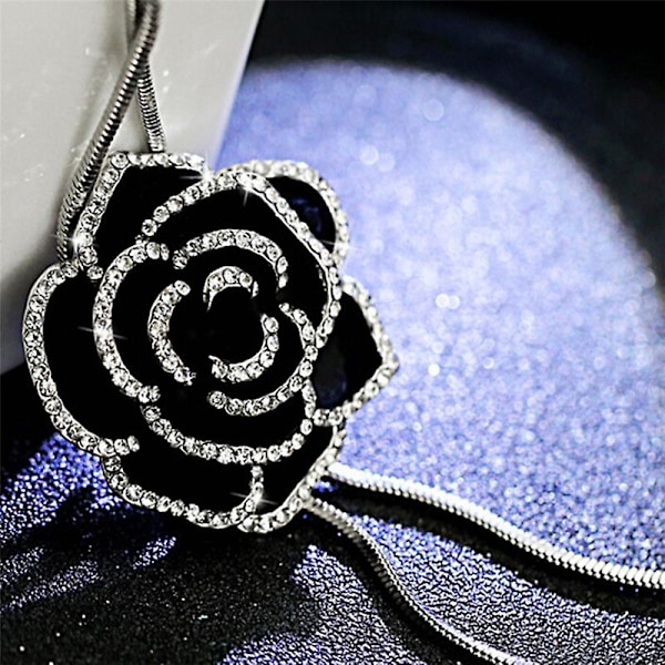 Sort Halskæde med Lang Vedhæng i Sort Rose Blomst til Sweater Kæde Krystal Smykker Gave til Kvinder DB Silver 1pc