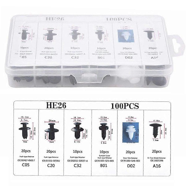 Automatisk kofanger dørholder fastgørelsessæt, automatisk fastgørelsesclips, kropsskubber, fastholdelse, stift, nitte, biltilbehør, blandet db 100pcs with tool
