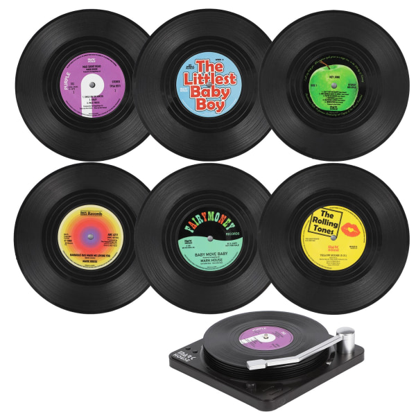 6-delt retro pladecoaster kop med stativ skridsikker vinyl disc coaster kreativ kopmåtte