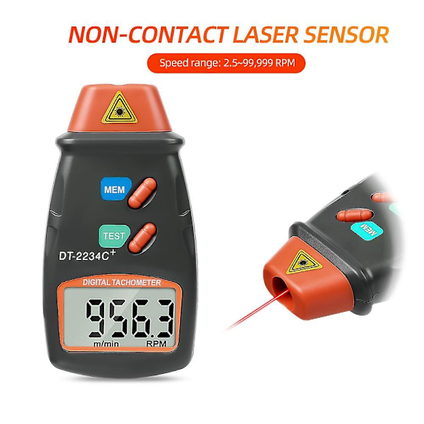 Digital Laser Tachometer Berøringsfri RPM Tach Omdrejningstæller Motor Hastighedsmåler Revolution Spin 2.5 til 999.9 RPM DT-2234C [db]