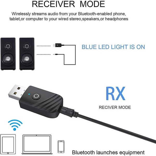 3 i 1 Bluetooth 5.0 Audio Receiver Sender Rca 3,5 mm Aux Jack Stereo Usb trådløs adapter til