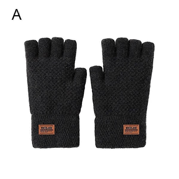1 par Alpaca Uld Fingerløse Handsker Termiske Herre Strikkede Halvfinger Vanter [DB] Black