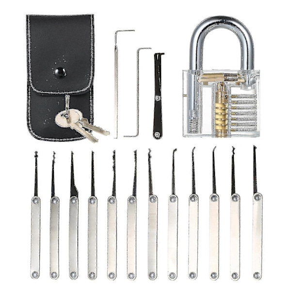 Transparent 15 stk. Lock Picking Sett Verktøy Med Transparent Øvelses Treningshengelås For Låsesmed Begynnere Og Profesjonelle [DB]