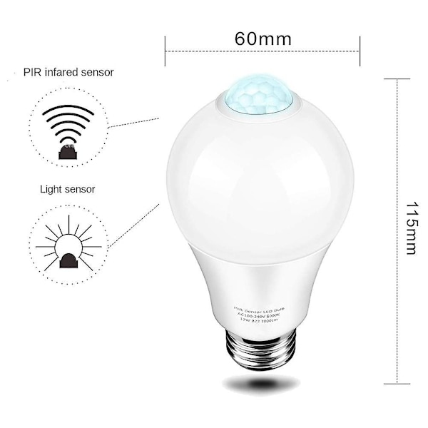 85-265V E27 PIR Rörelsedetektorlampa 12W Glödlampa med Rörelsedetektor Infraröd Rörelsedetektor Säkerhet Li [DB] White