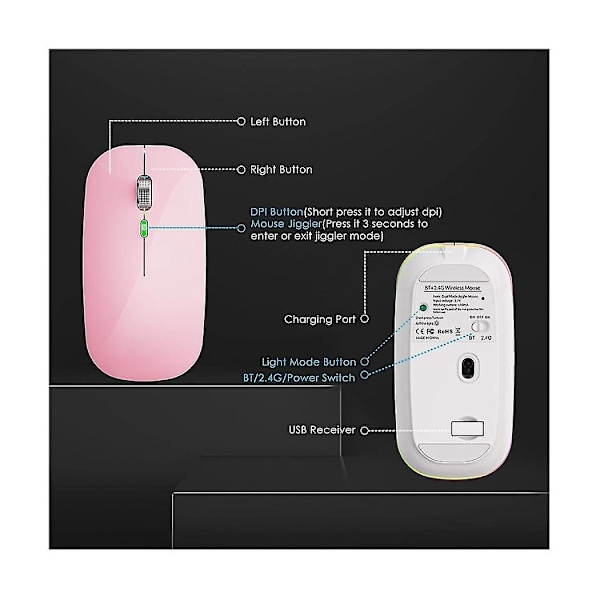 Bt5.1+2.4ghz Trådløs Mus Med Muse Jiggler, Genopladelig 2.4g Mus, Muse Mover Til Usb-aktiveret Computer, Pink [DB]