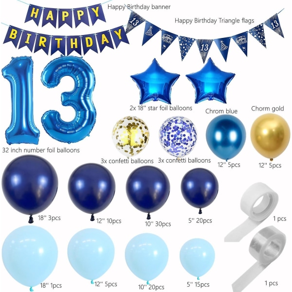 13 års fødselsdagspynt i blåt med balloner og krans