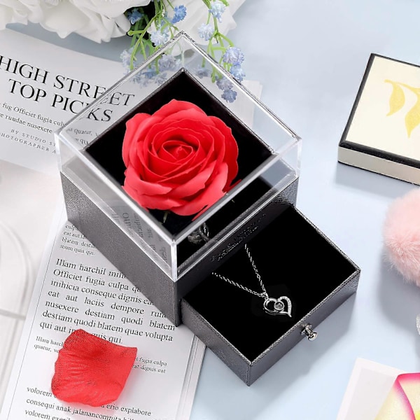 Jag Älskar Dig Halsband 100 Språk Projektion Hjärta Hänge Kristall Kärleksfullt Minne Nyckelbenshalsband med Röd Ros Smyckeskrin för W [DB] Silver