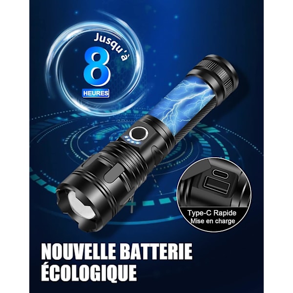 Ultra kraftig LED-lommelygte, 10000 lumen genopladelig lommelygte, taktisk lommelygte, 5 USB-lygtetilstande, IPX5 vandtæt, zoombar stødsikker