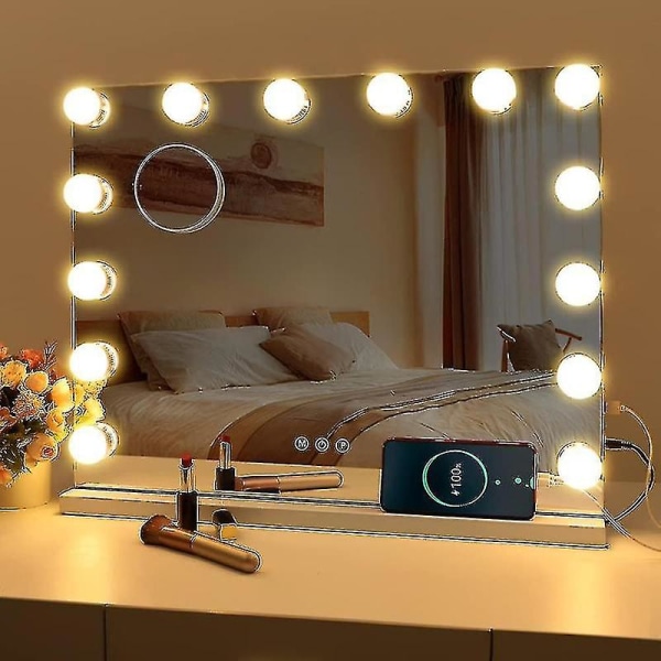 Hollywood Mirror Usb Makeup med lys tent 10 pærer 3 lysmoduser Bordplate Veggmonterte kosmetiske speillys[DB] 6 Bulbs