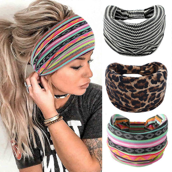 3-pack Hårband för kvinnor, breda elastiska mjuka bohemiska tunna hårband, accessoarer för kvinnor, hårband för yoga och sport