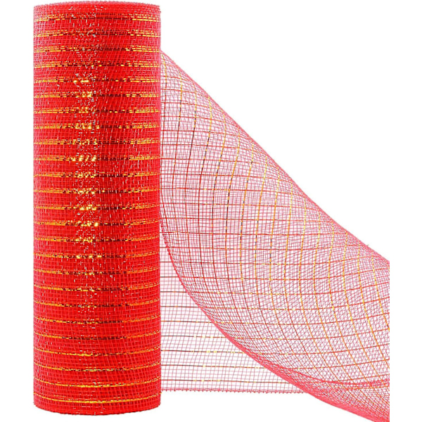 Deco Rød Poly Mesh Bånd Med Metallic Folie 10 Tommer X 30 Fod Hver Rulle