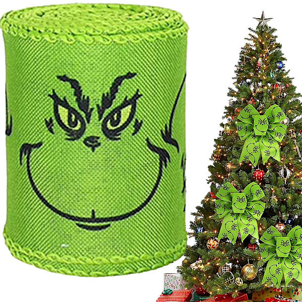 Grinch Julebånd - 4,5 m 2,5 tommer Julegave Grinchs Innpakningsbånd, Pynt til Juletre Krans Sløyfer BD D