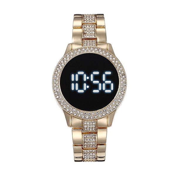 LED-klocka i rostfritt stål, dubbelrad, strass, multifunktionell, magnetiskt spänne, digital klocka [Db] Gold