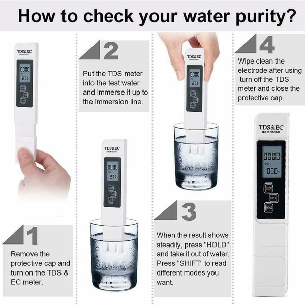 Tds Ec Meter Digital Water Quality Tester 0-9999 Ppm Måleområde Vand Renhed Temperatur Meter Tester
