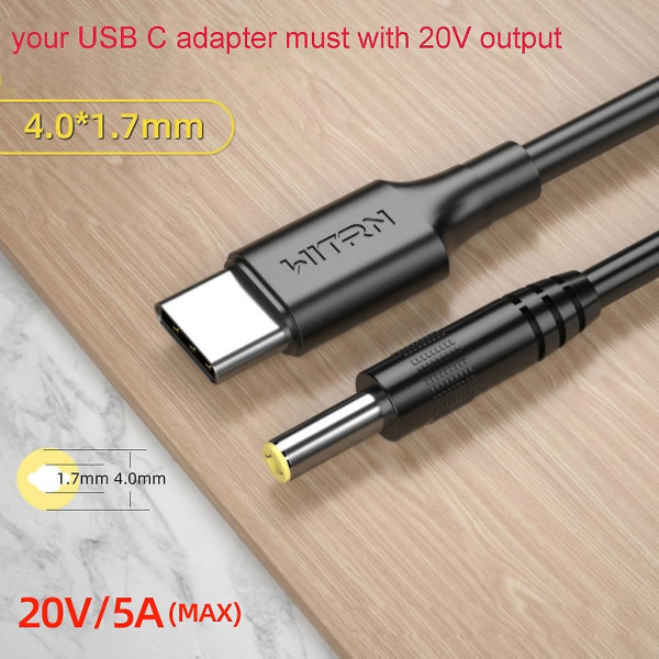 USB C - 20 V muuntajasovitinkaapeli 4,0 x 1,7 mm pistoke kannettavaan kannettavaan tietokoneeseen [DB]