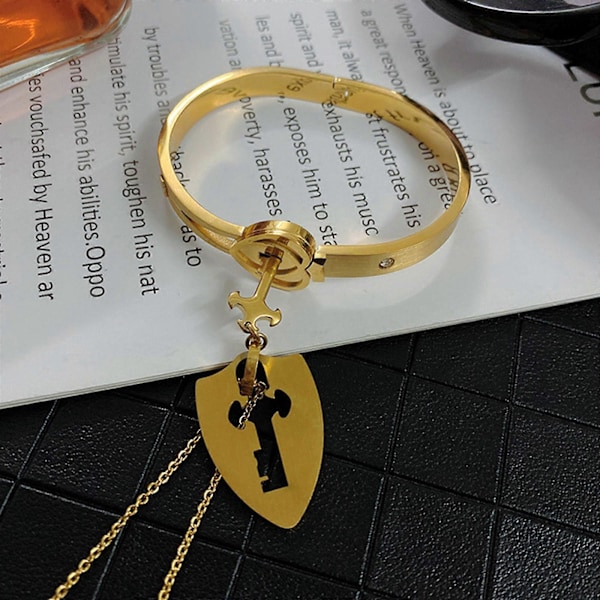 Lås Armbånd og Nøgle Halskæde Titanium Stål Par Smykker Romantisk Gave [DB] Steel color