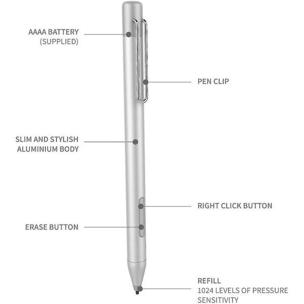 Stylus-penn med følsomhet, håndflateavvisning, 4a batteri, overflatepenn kompatibel med Microsoft og noen Asus, Hp, Vaio (sølv)