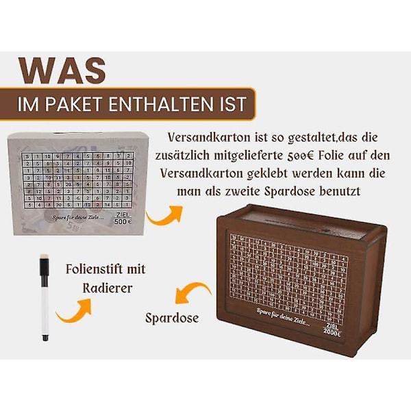 Sparbössa, Sparlåda med mål (3-pack), färdigmonterad med foliepen och återanvändbar sparbössa med mål 2000