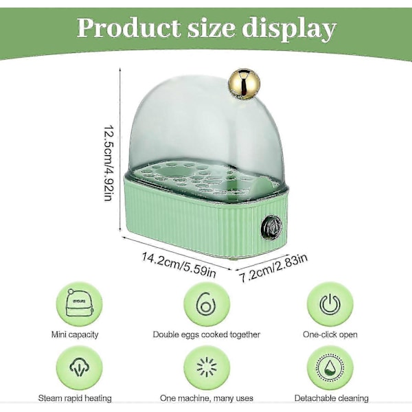 Eggkoker for 2 egg, Kompakt elektrisk eggdamper, Beste eggkoker koker alle tre kokegrader - Bløt, Medium, Hard [DB] Green