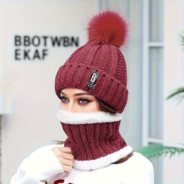 2 stk. Damer Vinter Strikket Beanie Hat med Pom Pom og Fleeceforet Halsvarmer Sæt - Perfekt til Jul Begivenheder db Burgundy One Size Fits All