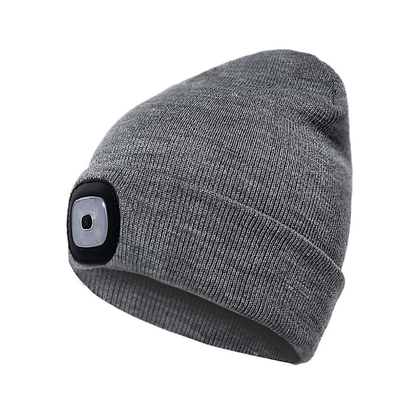 Stickad mössa med ljus och rött varningsljus, USB-uppladdningsbar LED-belyst mössa, handsfree pannlampa, 1 st gray