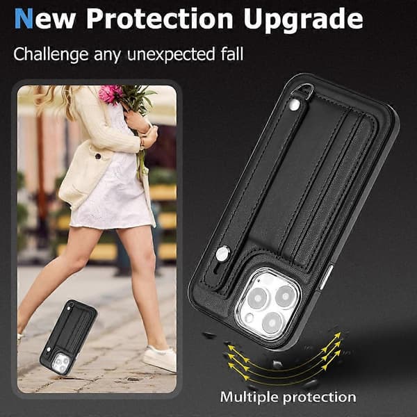 Stöttåligt Läder Telefonfodral med Handledsrem [DB] Black For iPhone 15 Pro