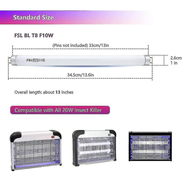 Fsl T8 F10w Bl Erstatningslampe For Myggdreperlampe, 34,5cm Uv-Rør For 20w Myggdreper/Insektdreper(2stk) -m [DB]