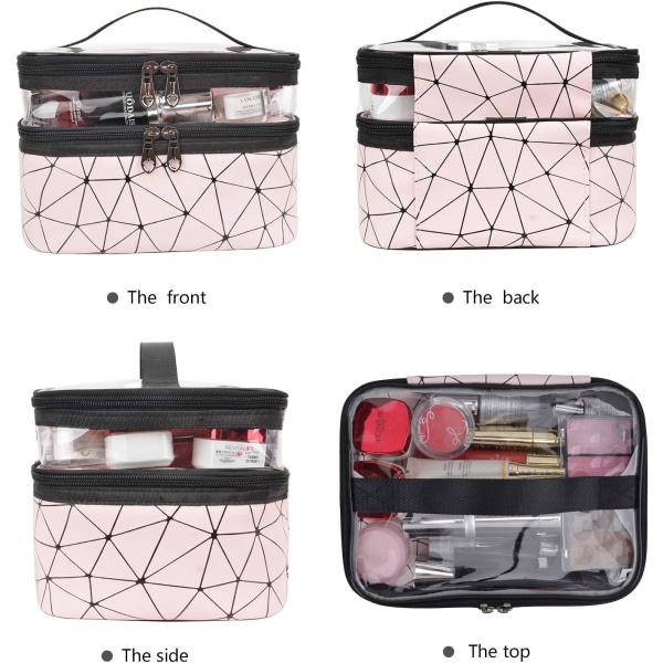 Makeup-väskor Dubbla lager Resekosmetiska väskor Make up Organizer Toiletry Bags(Rosa)