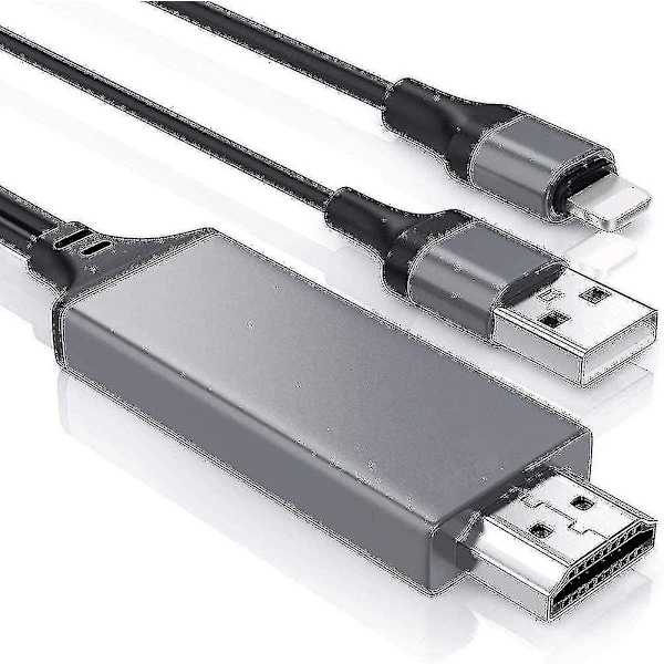 Lightning-HDMI-kaapeliadapteri, yhteensopiva iPhonen kanssa, 1080p digitaalinen synkronointinäytön ääni- ja videoadapteri latausportilla {DB} Black