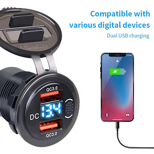 12-24V Universal Dobbel USB 4.2A Bil Motorsykkel Båt Lader Sokkel med PÅ/AV-knapp og Spenningsvisning Modifisert Bil Rask Lading Blått Lys [DB] Without Cable