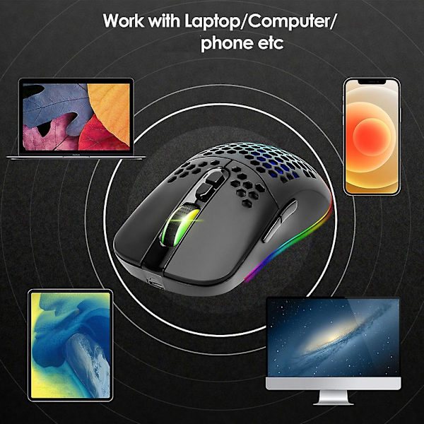 Genopladelig Bluetooth 5.0 Usb 2.4g Trådløs Rgb Lys Honeycomb Gaming Mus Desktop Pc Computere Notebook Bærbar Sort