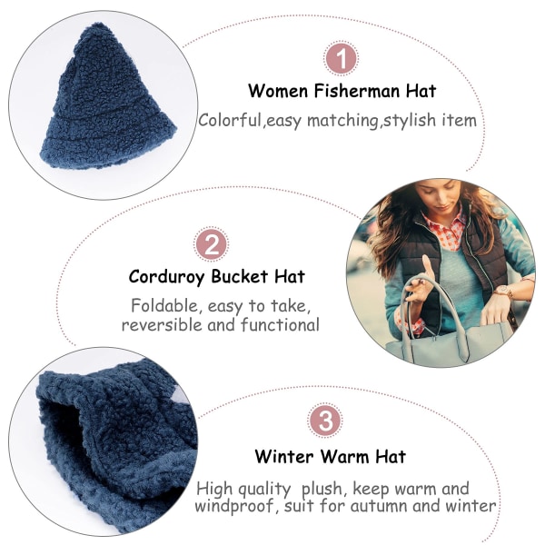 Vinterbøttehatt - Dame Fluffy Fiskerhatt Bøttehatt Fuzzy Faux Fur Varm Lue for Menn(Marine+pil)