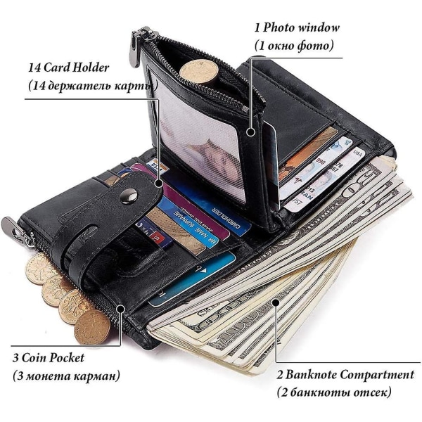 Mænd pung med kæde RFID-blokerende pung i ægte læder til mænd Bifold pung med kreditkortholder og lynlås møntlomme pung, sort