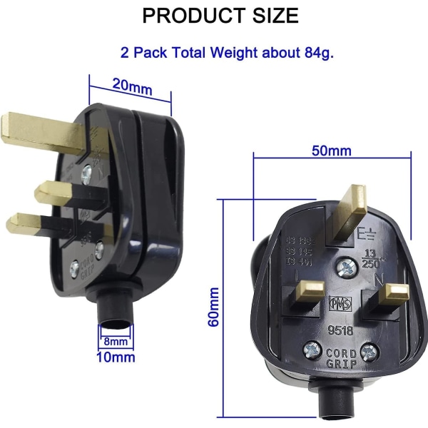 13amp Plugg, Sikret Plugg 3 Pin Plugg Uk Med Ledninggrep Omledningsbar Svart Plugger-13 Amp Plugg