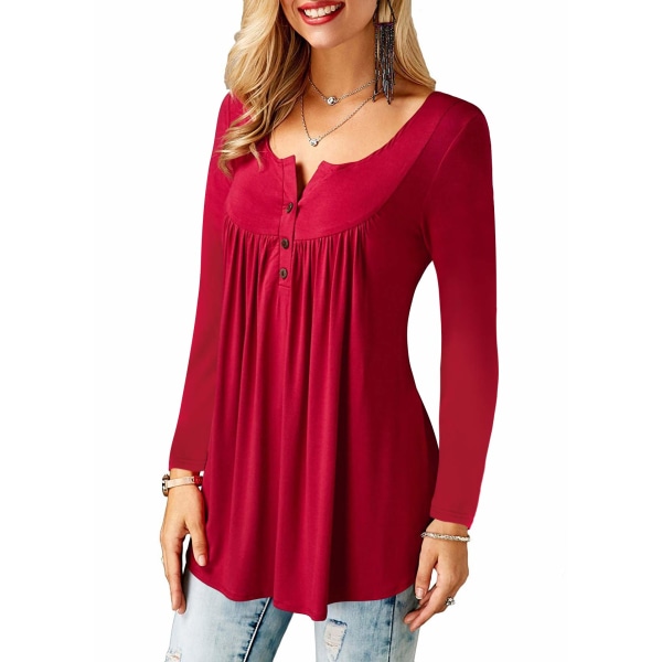 Kvinders afslappede lange/korte ærmede toppe Løse plisserede tunikaskjorter (rød, XL)