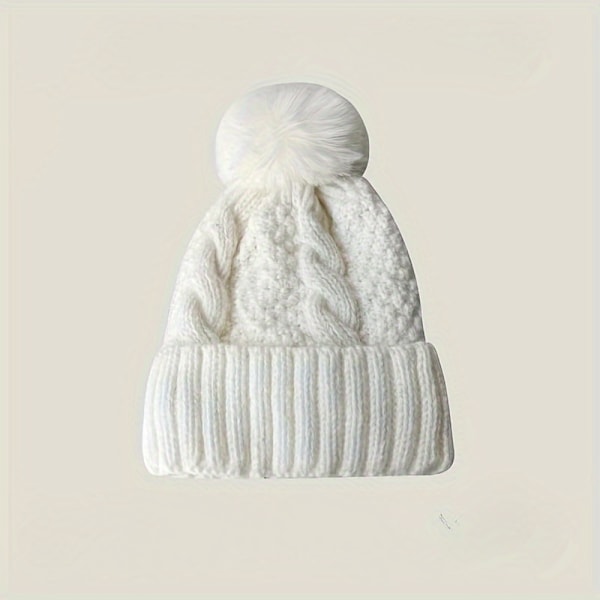 Mysig Stickad Mössa med Pompom - Tjock, Varm & Andningsbar för Kvinnor | Perfekt för Höst/Vinteraktiviteter utomhus White One Size Fits All