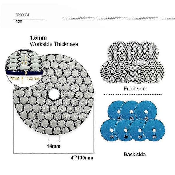 7 stk. Diamantpoleringsskive 4\"/100 mm Tør Diamantpoleringspuder Til Marmor, Granit, Sten, Beton (#50)-CE db