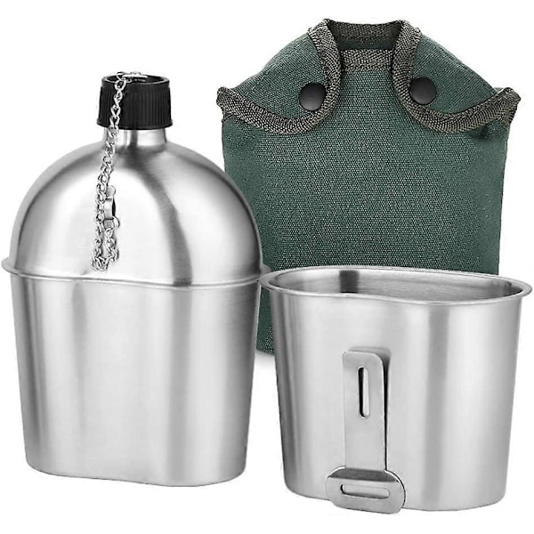 LN-Militær Kantine Sæt - 2 stk. Rustfrit Stål Militær Kantine Kop Sæt (1000ml og 600ml) med Taske til Udendørs Camping, Vandring, Rygsæk [DB]