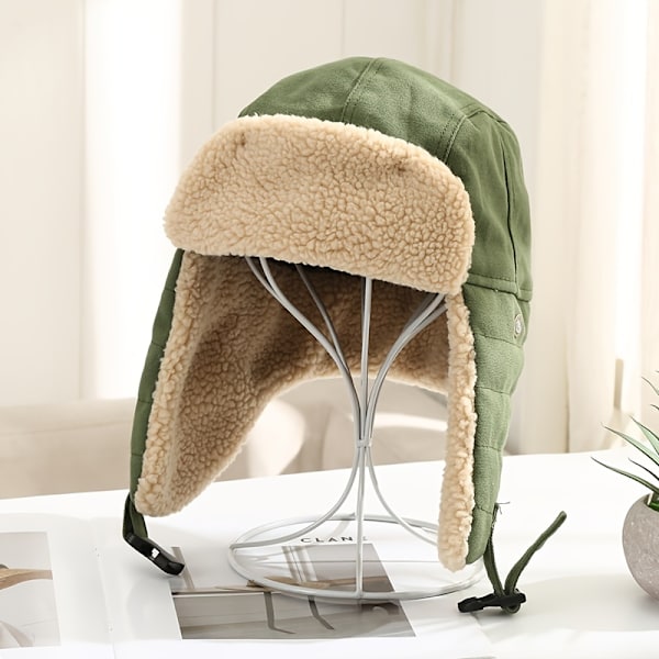 Hatt for menn, Ushanka, vinterutendørs: Hold deg varm og komfortabel med justerbar spenne og termisk snøhette db Khaki 1