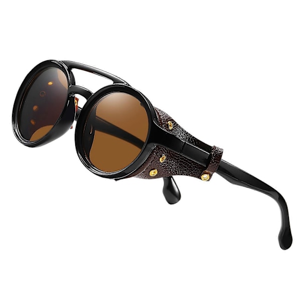 KEITHION Glacier Tuulenpitävät Vuorikiipeily Steampunk-tyyliset Pyöreät Vintage Aurinkolasit, Retro Silmälasit Miehille Naisille Nahkaisilla Sivusuojilla, C [db] Brown